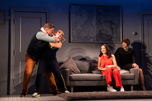 Christopher Sieber, Jennifer Simard, Katrina Lenk, and Patti LuPone appear in the Broadway revival of Company, directed by Marianne Elliott, at the Bernard B. Jacobs Theatre. 