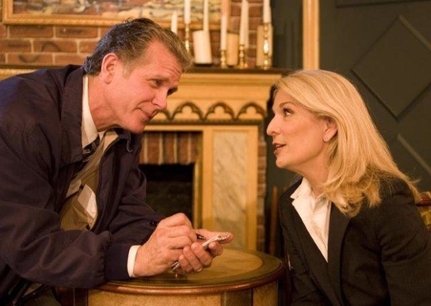 Psychiatrist Margaret Brent (played by Catherine Russell) is interviewed by Inspector Ascher (Richard Shoberg) in a scene from Perfect Crime.