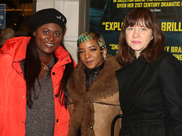 Danielle Brooks, Kara Young, and Kate Whoriskey pose for a photo outside the Samuel J. Friedman Theatre during the opening night of Skeleton Crew.