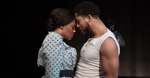 Kearstin Piper Brown and Justin Austin as Esther and George in Lynn Nottage and Ricky Ian Gordon&#39;s Intimate Apparel at Lincoln Center&#39;s Mitzi E. Newhouse Theatre.