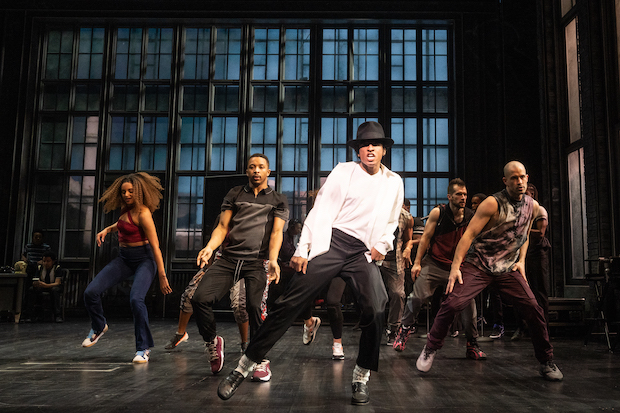 Myles Frost (center) leads the cast of MJ on Broadway.