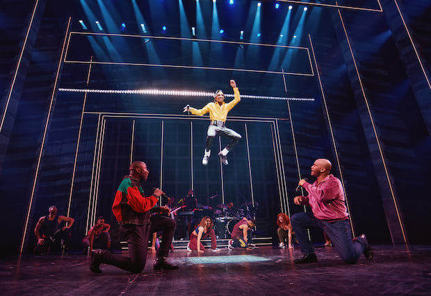 Myles Frost (center) leads the cast of MJ at Broadway&#39;s Neil Simon Theatre. 