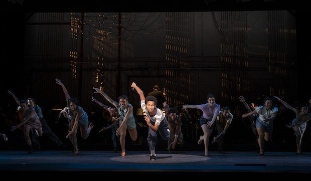Alexander Bello dances with the ensemble of The Tap Dance Kid, directed by Kenny Leon, for Encores! At New York City Center.