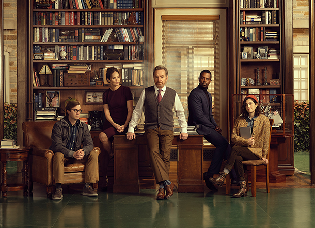 Bryan Cranston (center) with Power of Sail cast members Seth Numrich, Amy Brenneman, Brandon Scott, and Tedra Millan