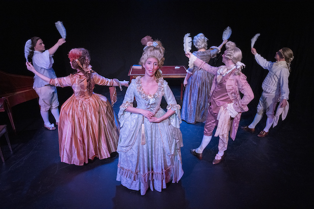 Caleb Jaster, Sabrina Selma Mandell, Sarah Olmsted Thomas, Gwen Grastorf, Alex Vernon, and Mark Jaster in Happenstance Theater&#39;s Barococo, directed by Mark Jaster and Sabrina Selma Mandell, at 59E59 Theaters.