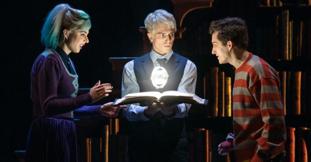 Lauren Nicole Cipoletti as Delphi, Brady Dalton Richards as Scorpius Malfoy, and James Romney as Albus Potter in Harry Potter and the Cursed Child on Broadway.