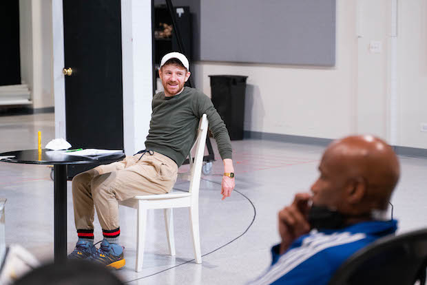 Chris Perfetti rehearses King James with director Kenny Leon. 