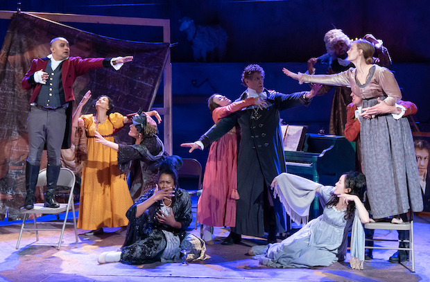 Rajesh Bose, Nandita Shenoy, Annabel Capper, Shaun Bennet Faultleroy, Caroline Grogan, Randolph Curtis Rand, Yonatan Gebeyehu, Claire Hsu, Arielle Yoder, and Jamie Smithson (behind Yoder) appeared in the Bedlam production of Persuasion, directed by Eric Tucker, at the Connelly Theater.