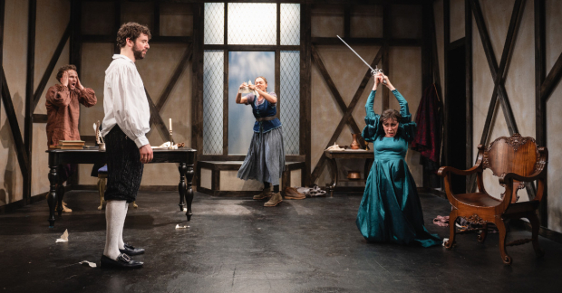 Ryan Spahn, Michael Urie, Amelia Workman, and Talene Monahon in Monahon&#39;s Jane Anger, directed by Jess Chayes, at the New Ohio Theatre.