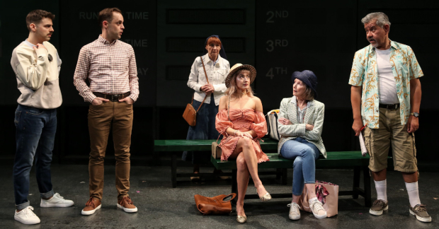 Tommy Heleringer, Ryan Garbayo, Glynis Bell, Alex Chester, Joyce Cohen, and Anthony Ruiz in Peter Gil-Sheridan&#39;s This Space Between Us, directed by Jonathan Silverstein for the Keen Company at Theatre Row.