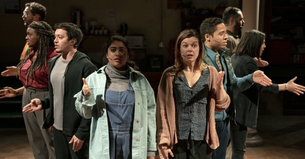 Kuhoo Verma, Margo Seibert, and the cast of Octet at Signature Theatre in 2019.