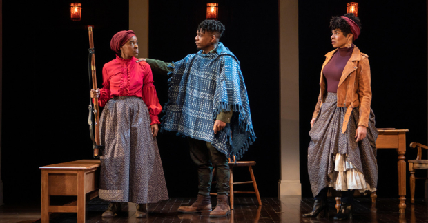 Kristolyn Lloyd, Elijah Jones, and Andrea Patterson in Dominique Morisseau&#39;s Confederates, directed by Stori Ayers, at the Pershing Square Signature Center.