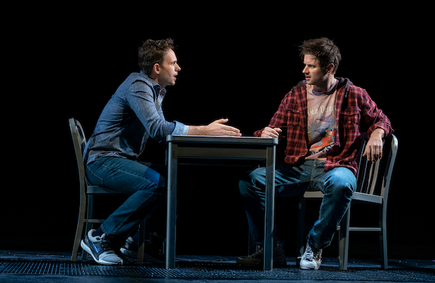 Patrick J. Adams plays Kippy, and Michael Obertholtzer plays Shane in Richard Greenberg&#39;s Take Me Out, directed by Scott Ellis, for Second Stage at the Helen Hayes Theater.