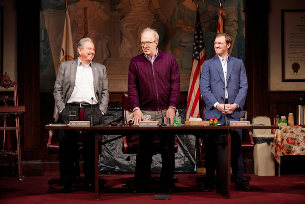 Jeff Still, Tracy Letts, and Cliff Chamberlain appear in Letts&#39;s The Minutes, directed by Anna D. Shapiro, at Broadway&#39;s Studio 54.