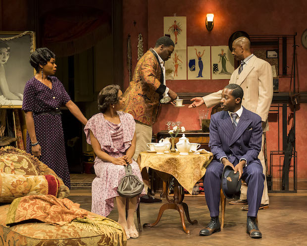 [Nija Okoro, Kim Steele, Greg Alverez Reid, Joe Holt (back), and Dennis Pearson appear in Blues for an Alabama Sky, directed by Phylicia Rashad, at Center Theatre Group.