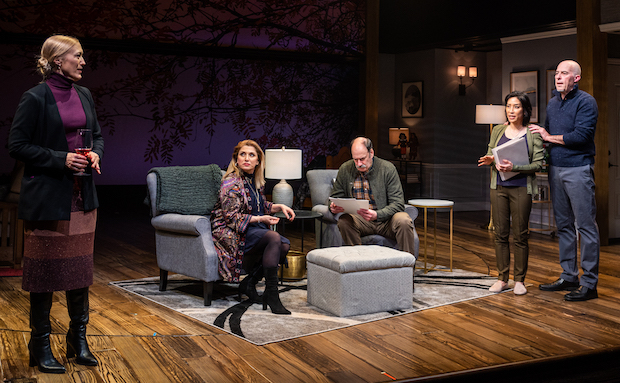 Gail (Leeanne Huchison), Mindy (Liz Larsen), and David (Dan Sharkey) listen as Susan (Midori Tashima Nakamura) and Leo (Allen McCullough) ask them to submit to a blood test to see if they are a match for organ transplant.