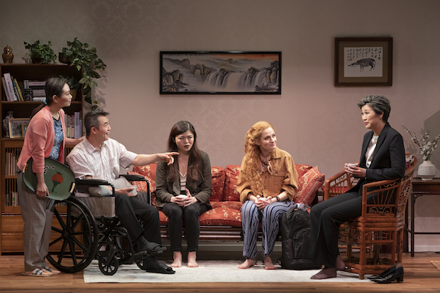 Kristen Hung, Michael C. Liu, Ruibo Qian, Gillian Saker, and Cindy Cheung star in Anchuli Felicia King&#39;s Golden Shield, directed by May Adrales, for Manhattan Theatre Club at New York City Center.