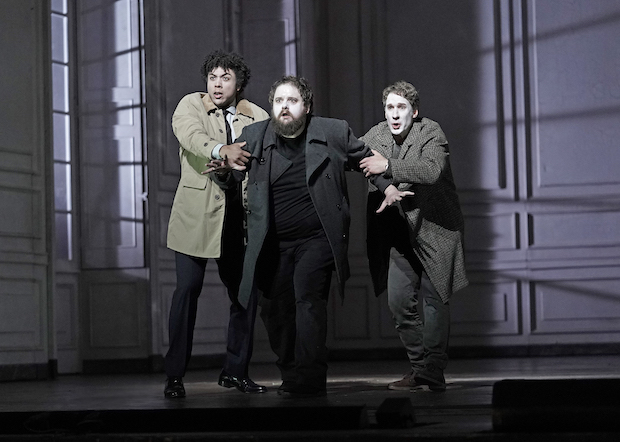 Justin Austin plays Marcellus, Allan Clayton plays Hamlet, and Jacques Imbrailo plays Horatio in Brett Dean and Matthew Jocelyn&#39;s Hamlet, directed by Neil Armfield, at the Metropolitan Opera.