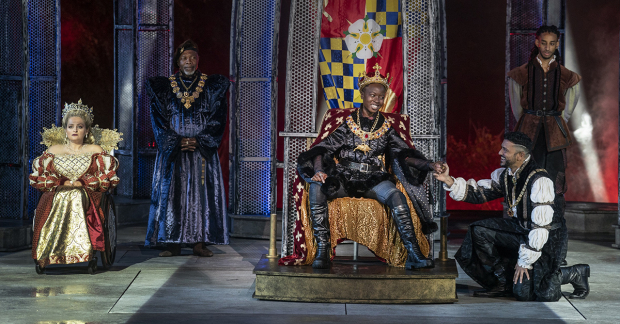 Ali Stroker, Michael Potts, Danai Gurira, Sanjit De Silva, and Xavier Pacheco in the Free Shakespeare in the Park production of Richard III, directed by Robert O'Hara, running at the Delacorte Theater in Central Park.