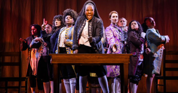 Sushma Saha, Sara Porkalob, Mehry Eslaminia, Gisela Adisa, Crystal Lucas-Perry, Elizabeth A. Davis, Becca Ayers, Brooke Simpson, and Oneika Phillips appear in the A.R.T. and Roundabout Theatre Company revival of 1776, directed by Jeffrey L. Page and Diane Paulus.