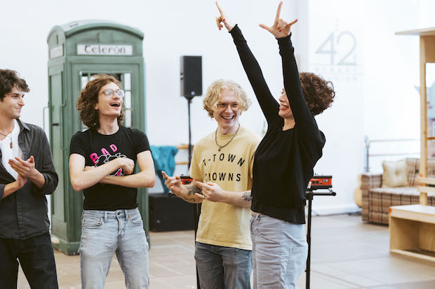 Adam Bregman, Michael Lepore, Anthony Genovesi, and Rebecca Taichman rehearse for Sing Street at the Huntington. 
