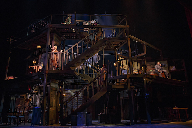Beowulf Boritt&#39;s multi-level rotating set for Act One is one of the designs profiled in Transforming Space Over Time.