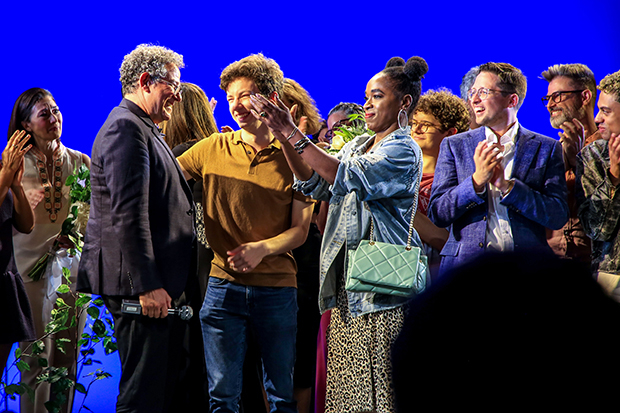 Michael Grief with past and present cast members including Andrew Barth Feldman, Kristolyn Lloyd, and Will Roland