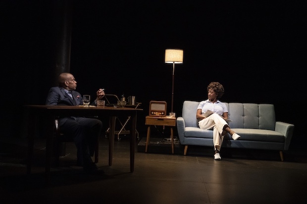 Greig Sargeant plays James Baldwin, and Daphne Gaines plays Lorraine Hansberry in Baldwin and Buckley at Cambridge, directed by John Collins, for Elevator Repair Service at the Public Theater. 