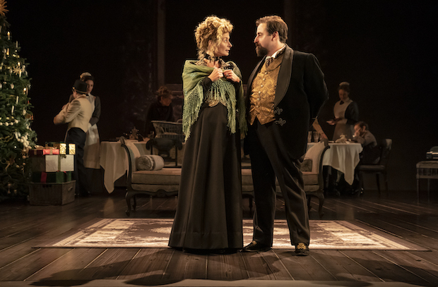 Faye Castelow plays Gretl, and David Krumholtz plays Hermann in Tom Stoppard's Leopoldstadt, directed by Patrick Marber, at Broadway's Longacre Theatre. 