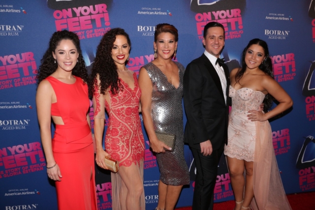 Linedy Genao (far right) with fellow ensemble members at the Broadway opening of On Your Feet! in 2015.