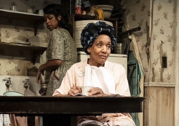 Mandi Masden plays Ruth, and Perri Gafney plays Mrs. Johnson in the off-Broadway revival of A Raisin in the Sun. 