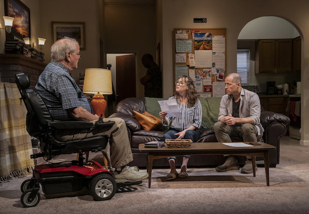 Francis Guinan, Sally Murphy, and Tom Hopper star in Bruce Norris&#39;s Downstate, directed by Pam MacKinnon, at Playwrights Horizons. 