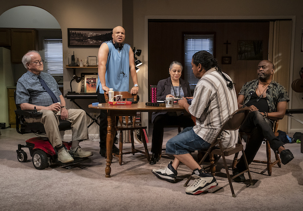 Francis Guinan, Glenn Davis, Susanna Guzmán, Eddie Torres, and K. Todd Freeman star in Bruce Norris&#39;s Downstate, directed by Pam MacKinnon, at Playwrights Horizons. 