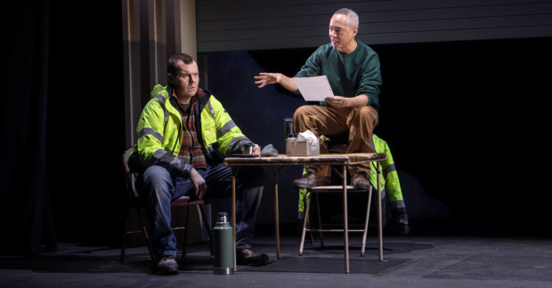 Jeb Kreager and Ken Leung in the New Group&#39;s production of Will Arbery&#39;s play Evanston Salt Costs Climbing, directed by Danya Taymor, at the Pershing Square Signature Center.