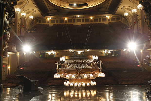 The Phantom of the Opera chandelier sitting on stage at the Majestic Theatre