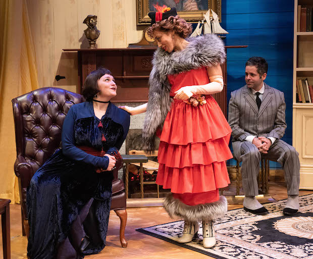 Heloise Lowenthal, Claire Saunders, and Ramzi Khalaf appear in Noël Coward&#39;s The Rat Trap, directed by Alexander Lass, for Mint Theater Company at New York City Center. 