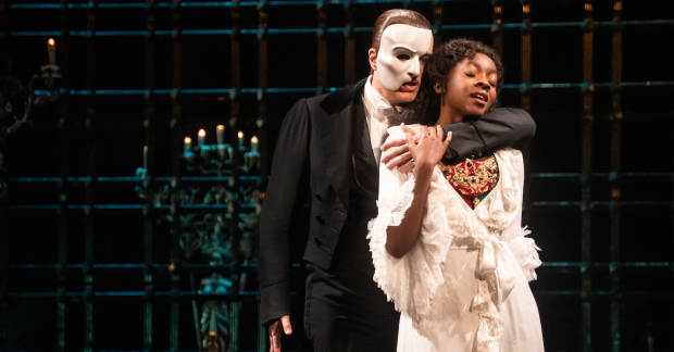 Ben Crawford plays the Phantom, and Emilie Kouatchou plays Christine in the Broadway production of The Phantom of the Opera. 