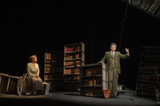 Audra McDonald plays Suzanne Alexander, and Bryce Pinkham plays Robert Hampshire in Adrienne Kennedy&#39;s Ohio State Murders, directed by Kenny Leon, at Broadway&#39;s James Earl Jones Theatre. 