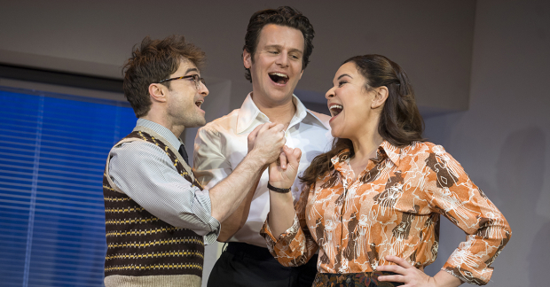 Daniel Radcliffe, Jonathan Groff, and Lindsay Mendez in Merrily We Roll Aong