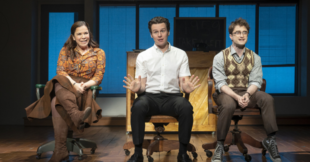 Lindsay Mendez, Jonathan Groff, and Daniel Radcliffe in Merrily We Roll Along at New York Theatre Workshop