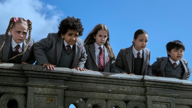 Winter Jarrett-Glasspool, Ashton Robertson, Alisha Weir, Rei Yamauchi Fulker, and Andrei Shen in the film Matilda the Musical