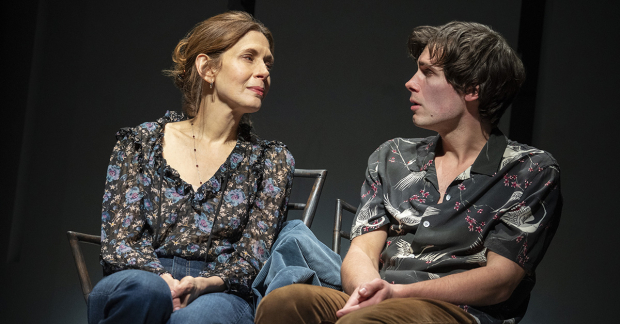 Jessica Hecht as Sarah Ruhl and Zane Pais as Max Ritvo in Letters from Max, a ritual at the Pershing Square Signature Center.