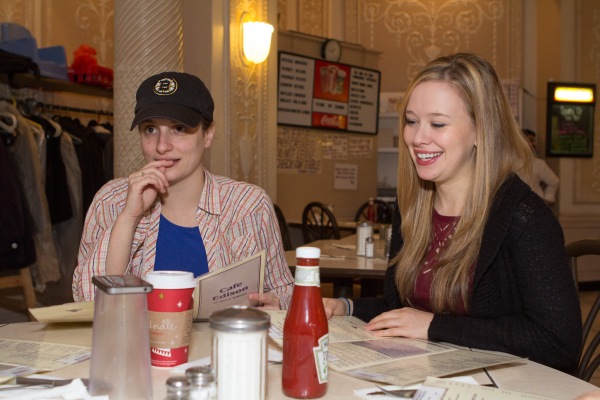 Bad Jews cast members Tracee Chimo and Molly Ranson face a tough decision: what to order at the Café Edison.