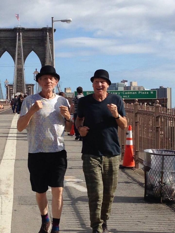 Sir Ian McKellen and Sir Patrick Stewart on the Brooklyn Bridge.
