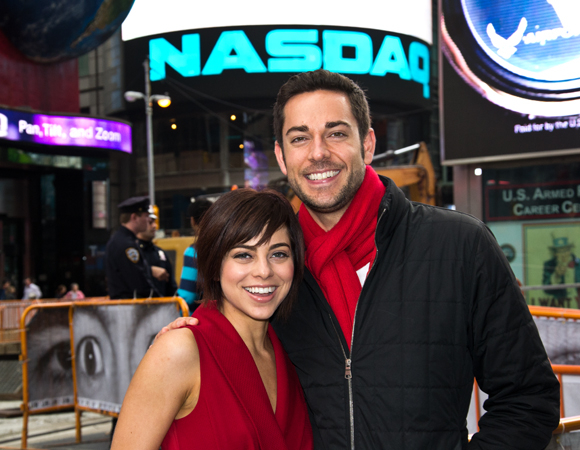 Krysta Rodriguez and Zachary Levi in Times Square.