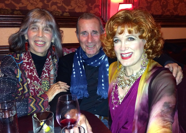 Jim Dale and his wife, Julia Schafler, join Charles Busch to relax with a drink after his show.