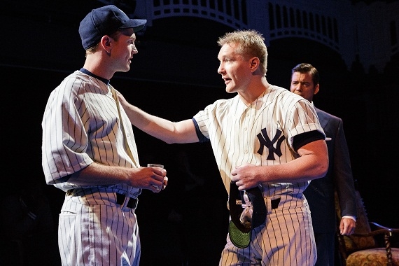John Wernke as Lou Gehrig and Bill Dawes as Mickey Mantle in the Primary Stages production of Bronx Bombers.