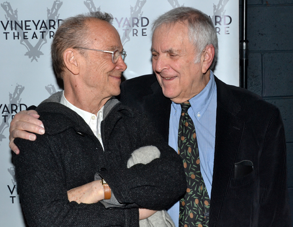 Joel Grey and John Kander catch up at the opening night of The Landing.