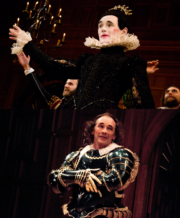 Two-time Tony Award winner Mark Rylance takes his curtain calls as Olivia in Twelfth Night (top) and Richard III in Richard III (bottom).