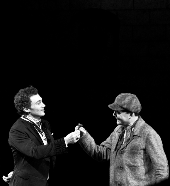 Bryce Pinkham and Jefferson Mays share a moment with a (poisonous?) belladonna flower at the end of the show.